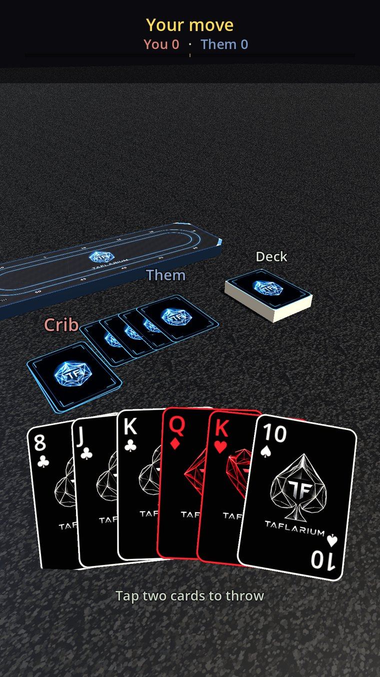 The Cribbage table seen from a low angle: the black pegging board with its stadium of holes outlined in glowing blue, the crib and the deck face down beside it, and a hand of six cards held at the bottom of the screen.