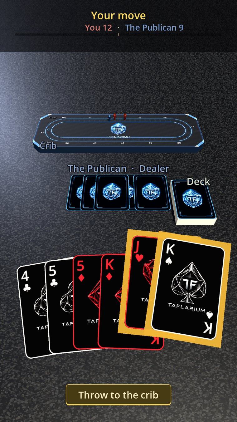 A Cribbage hand of six black-faced cards fanned at the bottom of the screen, the jack of hearts and king of spades raised for the crib, with the Throw to the crib button beneath and the glowing blue pegging board on the table beyond.