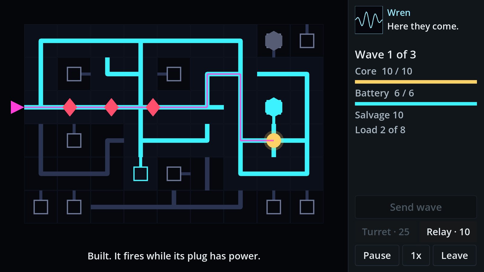The Diodos Ghost prototype: a dark grid of circuit tiles with lit cyan power lines, a magenta route to a gold core, red drones on the route and two hexagonal turrets.