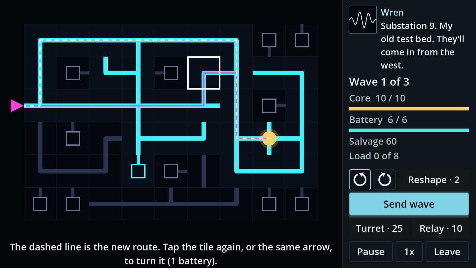 A tile selected on the Diodos Ghost grid, with a dashed line showing the longer route the swarm would take if it turned, and the panel offering anticlockwise, clockwise and Reshape buttons.