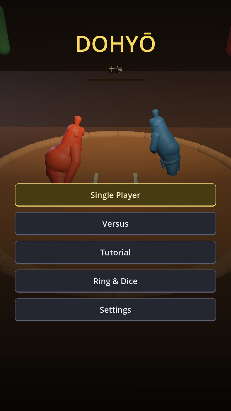 The Dohyō title screen: two wrestlers facing off in a clay ring, with Single Player, Versus, Tutorial, Pieces & Dice and Settings.