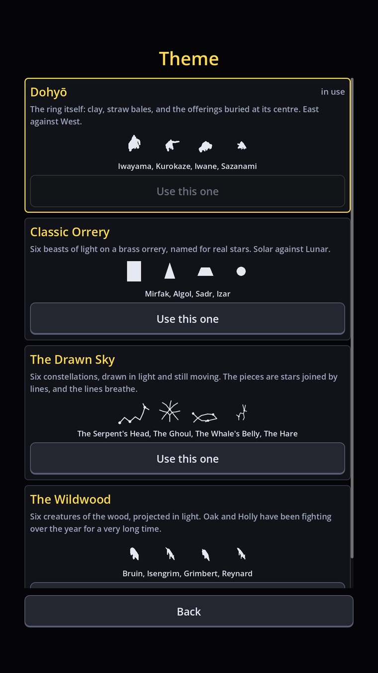 The Dohyō theme picker, listing Dohyō, Classic Orrery, The Drawn Sky and The Wildwood, each with its own piece silhouettes and names.