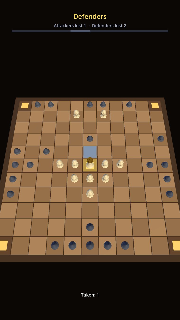 A Hnefatafl match on an 11-by-11 wooden board: a defender selected with its legal moves lit, dark raiders closing in from the edges.