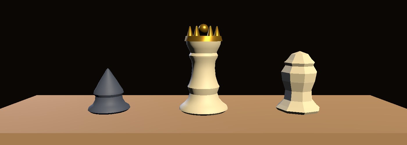 The three Hnefatafl piece designs side by side on a wooden slab: a dark pointed raider helm, the crowned king in the centre, and a pale faceted housecarl.