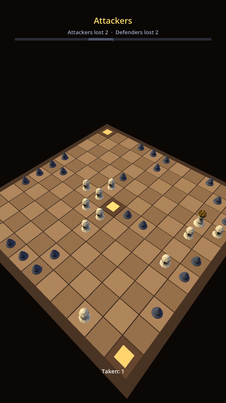 The Hnefatafl board seen from a rotated angle mid-game, pieces standing in relief across the wooden squares.