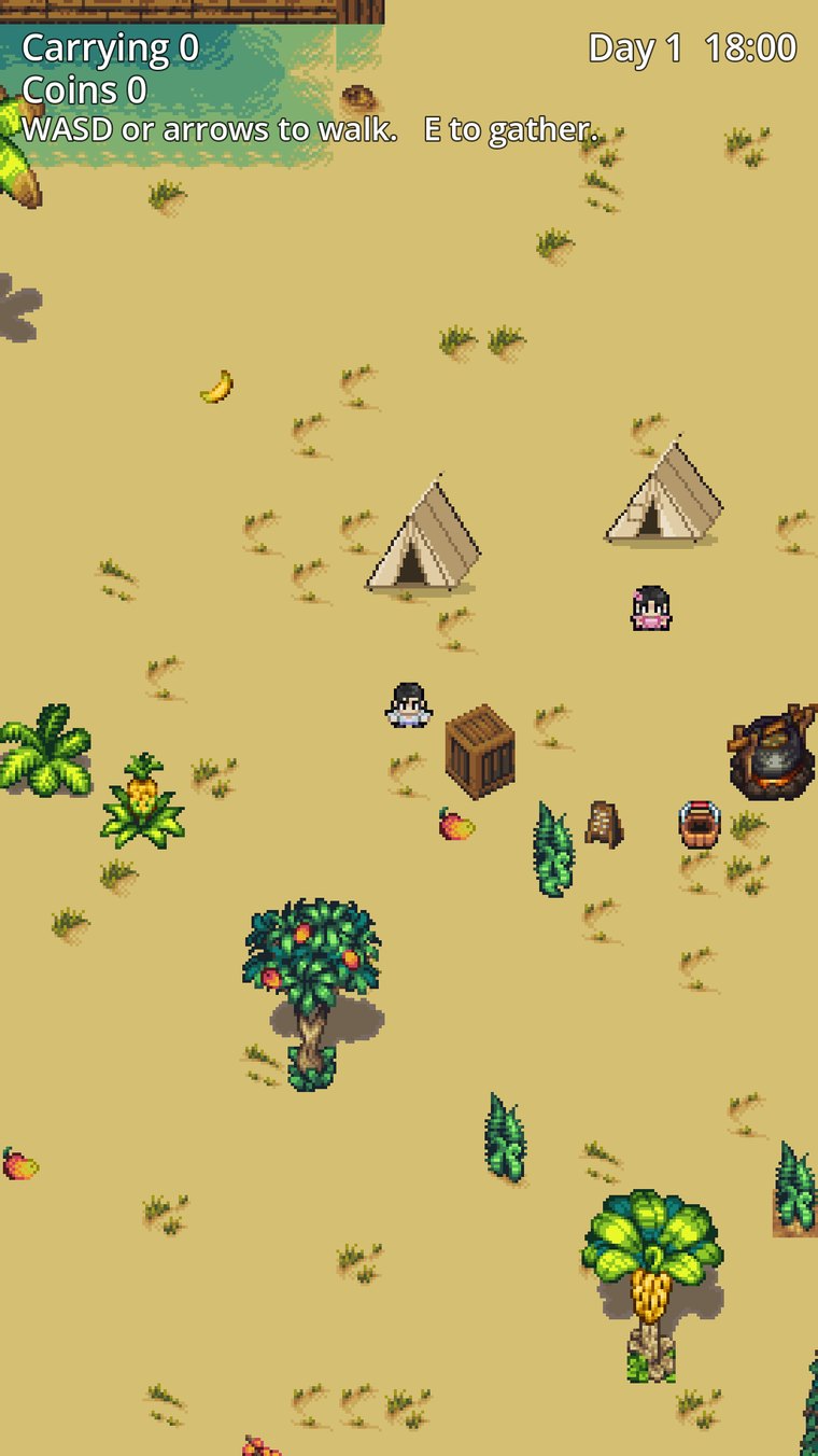 The crew's camp at six in the evening: canvas ridge tents on the sand, a crate, a cooking pot on the hearth and two crewmates standing nearby.