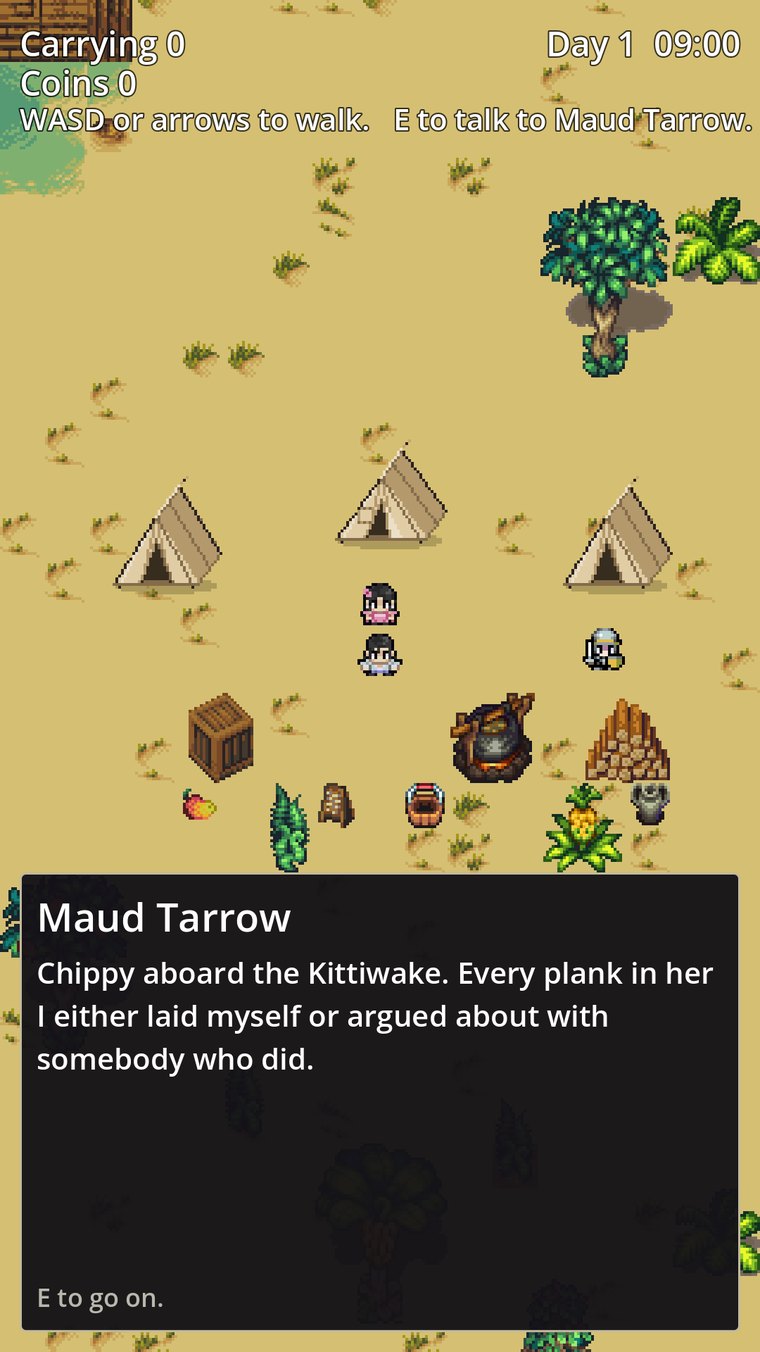 Maud Tarrow in the camp, with a dialogue panel in which she says she was the chippy aboard the Kittiwake and laid or argued about every plank.