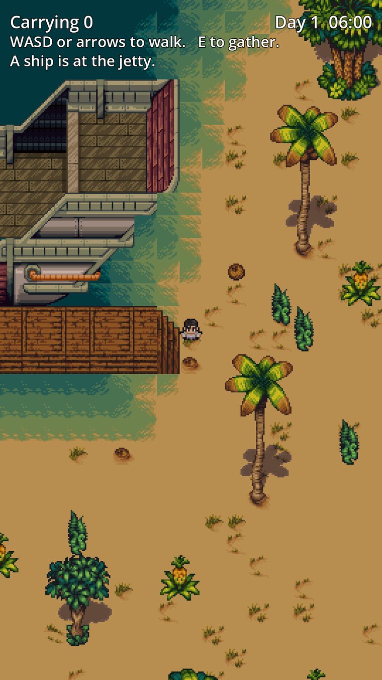 A top-down pixel-art island at six in the morning: a steam trader lies alongside a wooden jetty, palms and pineapples on the sand, and a note in the corner reading A ship is at the jetty.