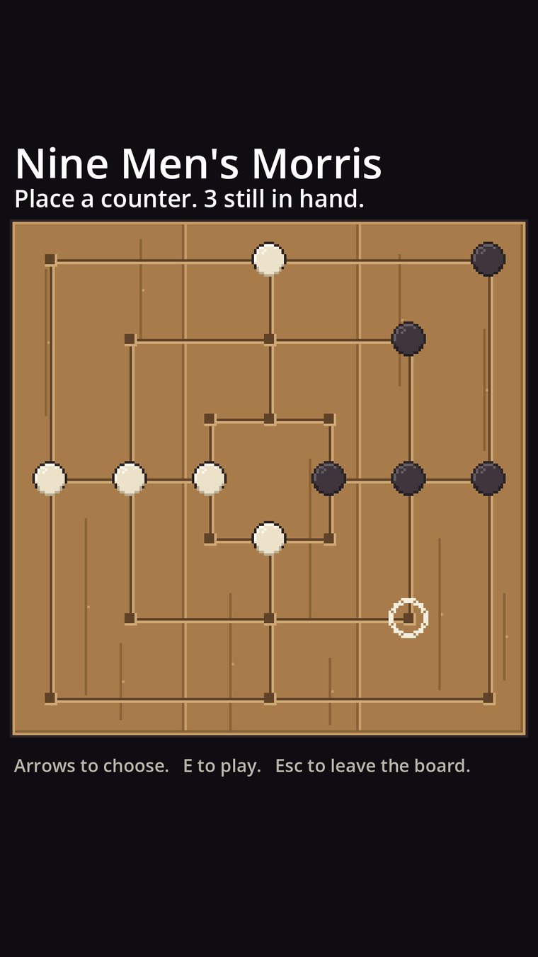 A Nine Men's Morris board drawn in scribed timber, with pale shell and dark pitch counters and the prompt Place a counter, 3 still in hand.