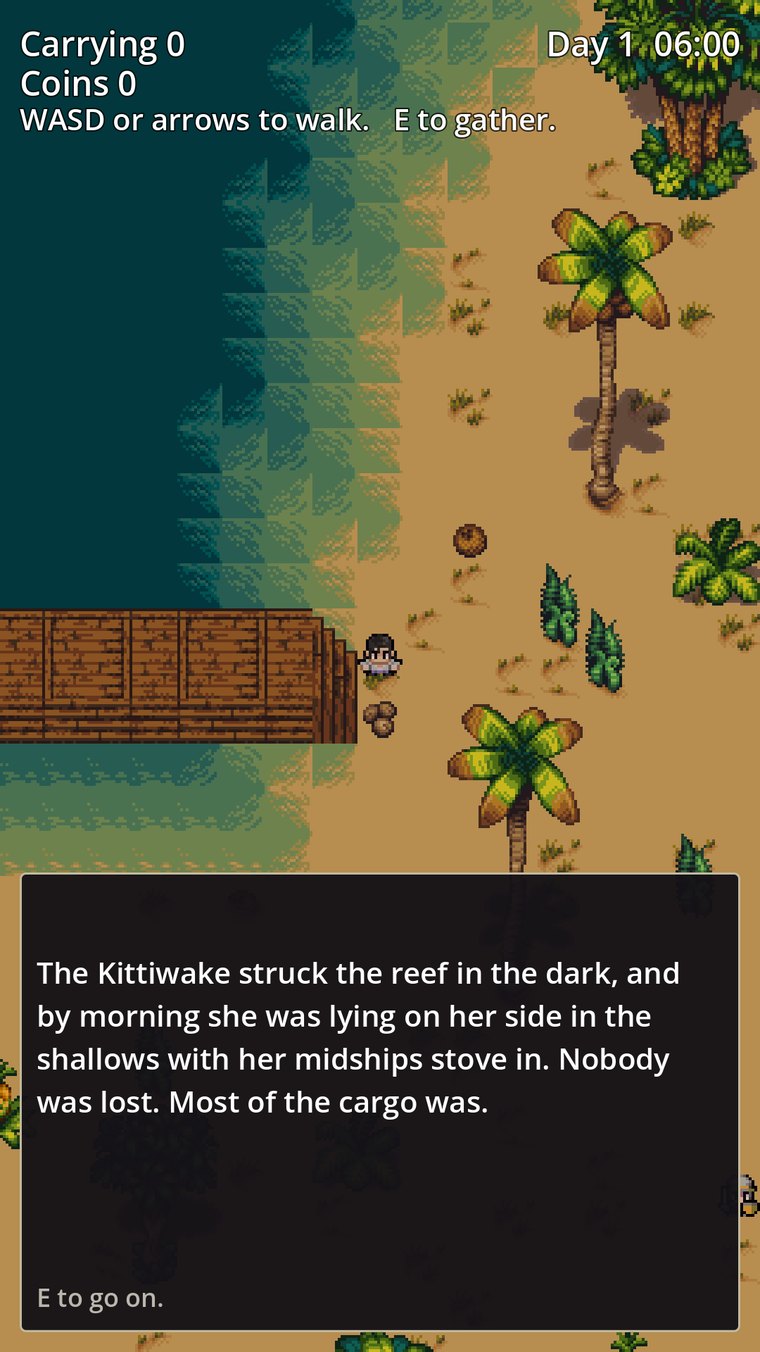 The opening of Isle: a pixel-art beach with palms and a wooden jetty, and a story panel reading that the Kittiwake struck the reef in the dark, nobody was lost, and most of the cargo was.