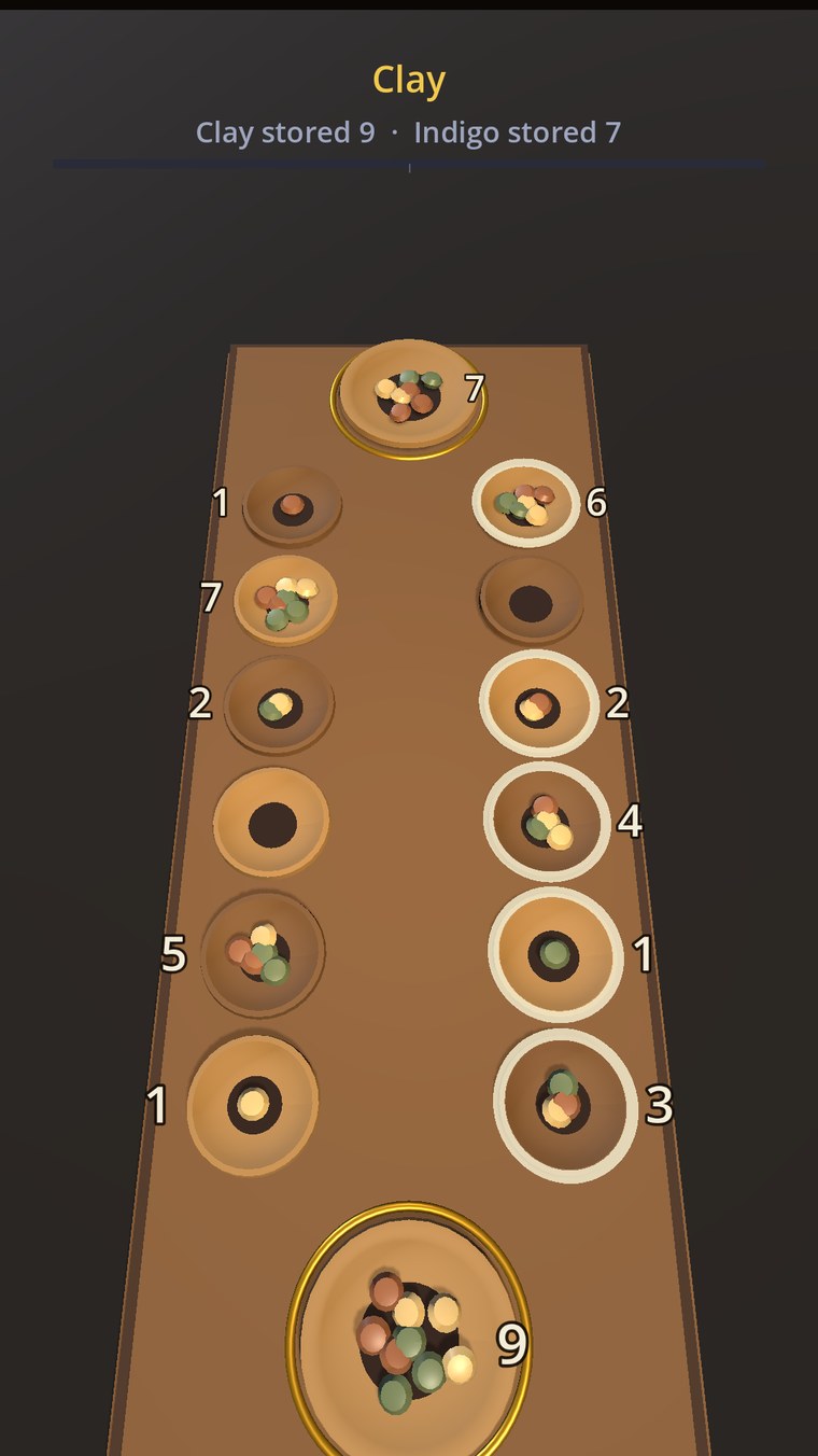A Mancala game in progress on a carved wooden board: twelve turned bowls holding coloured seeds, the sowable houses ringed in light, and a larger store at each end.