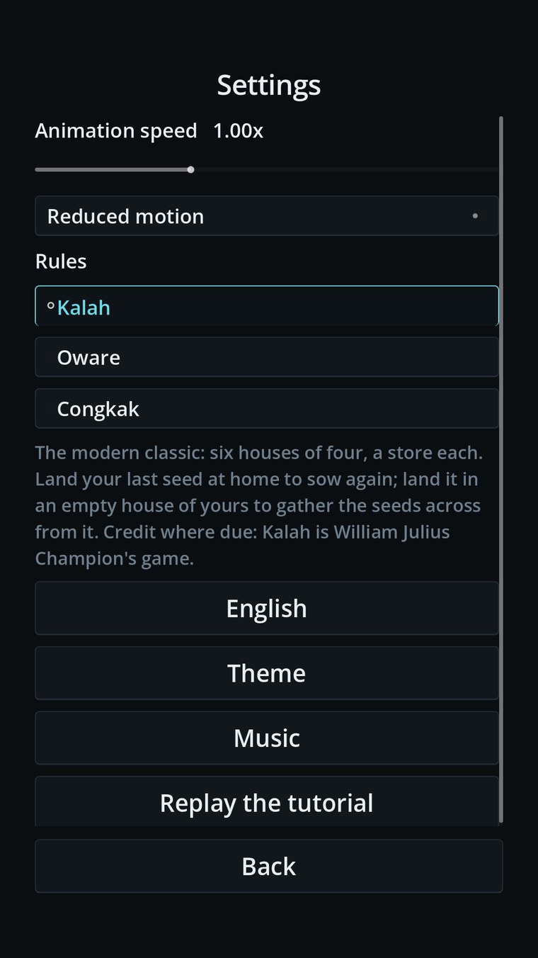 The Mancala settings screen: a Rules section offering Kalah, Oware and Congkak, with Kalah selected and a note beneath it explaining the ruleset and crediting William Julius Champion.