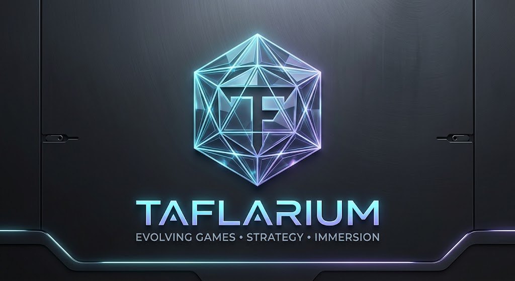 The Taflarium mark: a faceted polyhedron in cyan and violet light on brushed dark metal.