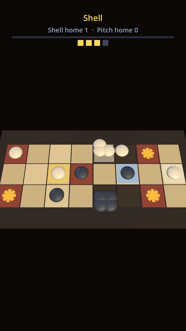 A Royal Game of Ur match on a wooden board: light and dark counters along the three rows, a light counter selected with its destination lit, and a throw of three shown above the board.