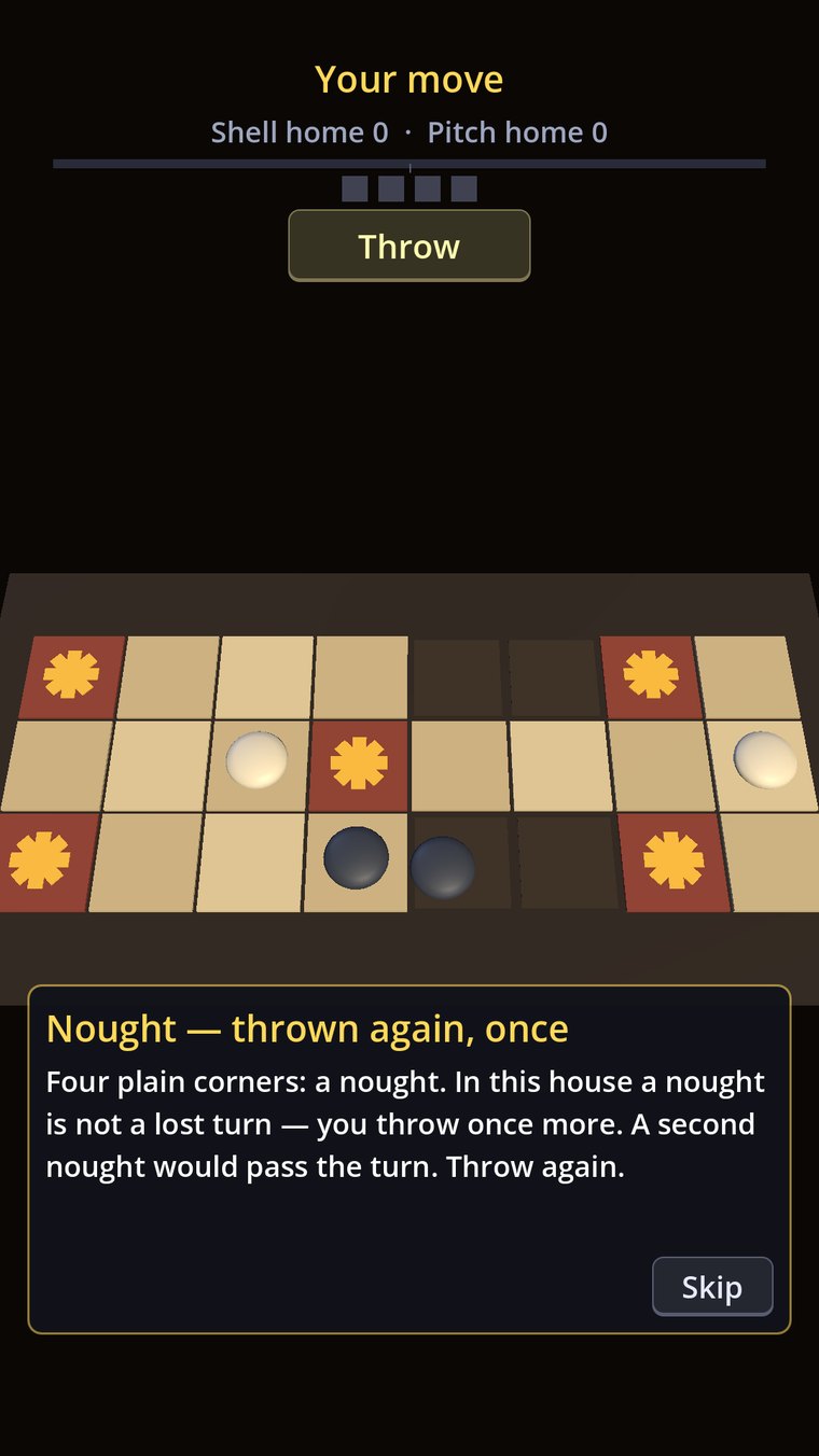 The Royal Game of Ur tutorial showing four blank lots above the board and a coach panel titled Nought — thrown again, once, with the Throw button offered again.