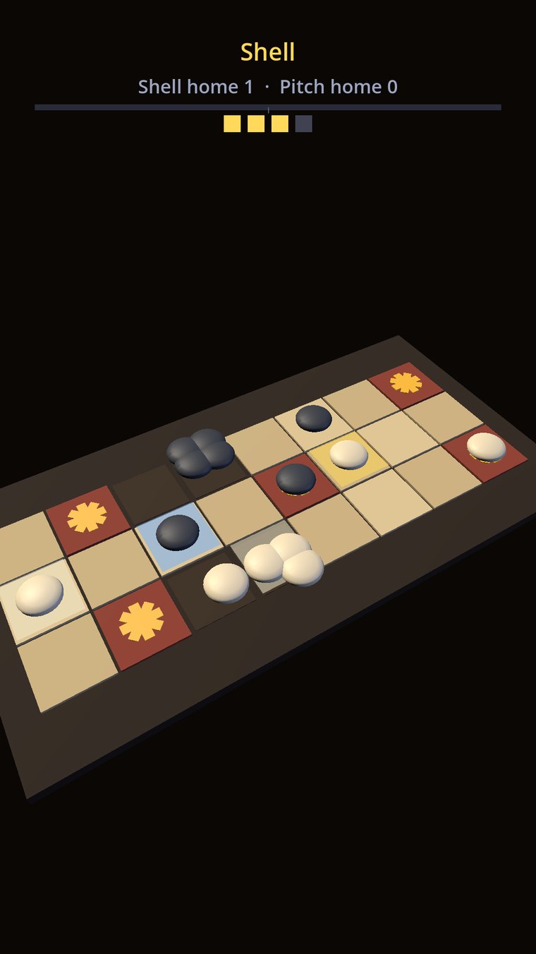 The Royal Game of Ur board seen from a turned angle mid-race, counters standing in relief on the wooden squares with the rosettes picked out in red and gold.