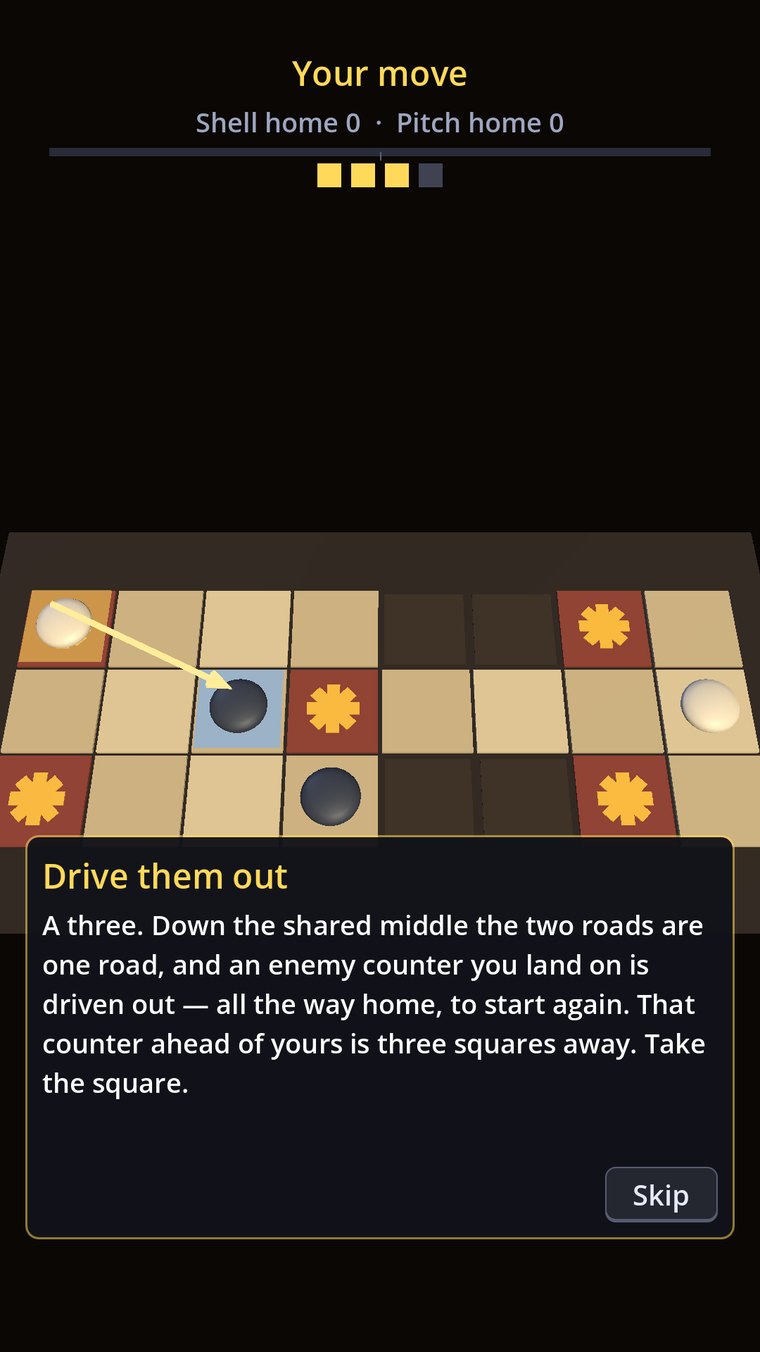 The Royal Game of Ur tutorial mid-lesson: an arrow from a light counter to an enemy dark counter three squares ahead, with a coach panel titled Drive them out explaining the capture.